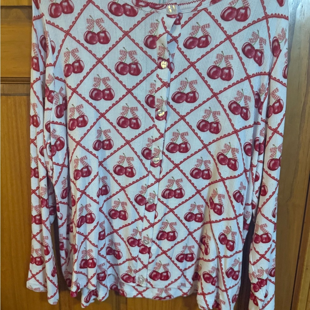 Posh Peanut Cheryl Cherry Print Cardigan - Red and White